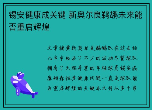 锡安健康成关键 新奥尔良鹈鹕未来能否重启辉煌